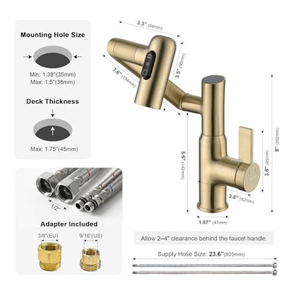 Rotatable Bathroom Faucet with Temperature Display in Fahrenheit (Batteries-Free), 3 Water Outlet Modes, Brushed Gold - color: Gold
