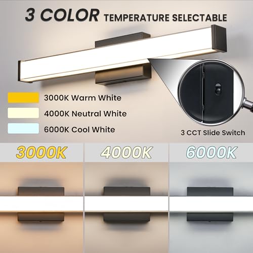 Modern LED Bathroom Vanity Light 24 inch 18W Dimmable 3CCT Bathroom Light Fixture Over Mirror Rectangle Bath Vanity Light Bar with Double Layer Acrylic Shade (Matte Black) - color: Black, size: 24 inch