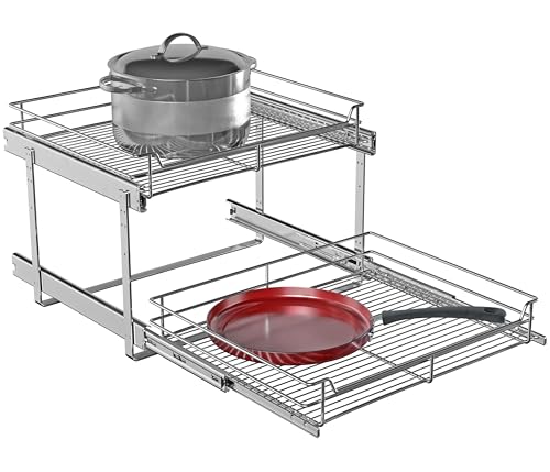2-Tier Cabinet Pull Out Shelves, 20" W x 22" D, Chrome | Heavy-Gauge Wire Kitchen Cabinet Organizer, 100 lbs Capacity, Ball-Bearing Glides, Min 21" Opening, Pots & Pans Organizer - size: 20 x 22 Inch