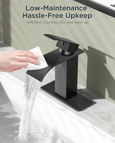 FORIOUS Bathroom Faucet 1 Hole, Waterfall Vanity Sink Faucet Matte Black | Bathroom Sink Faucet 1 or 3 Hole, Square Single Handle with 24" cUPC Supply Line and Pop-up Drain, Fits RV Restroom Basin - color: Matte Black