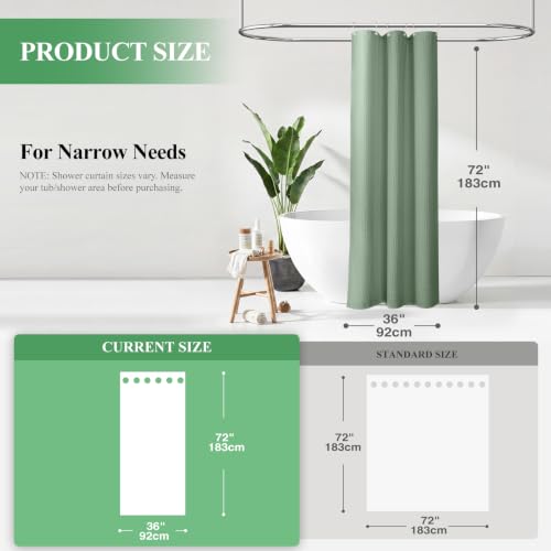 Stall Waffle Shower Curtain 256 GSM Heavy Fabric 36x72 Sage Green | Narrow Half Size, Thick Cloth, Weighted Hem, Water Repellent, Hotel Luxury Polyester Shower Curtain Set for Bathroom 6 Hooks - color: A. Sage Green, size: 36"W x 72"L (Pack of 1)