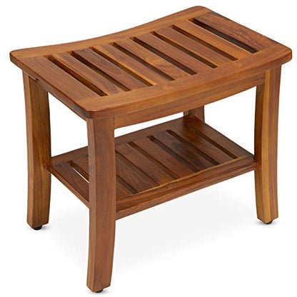Teakcraft Teak Shower Bench & Stool for Inside Shower, 21", Fully Assembled | Patented, Waterproof solid teak, holds 350 lbs. Non-slip feet. Spa bath seat for elderly, leg shaving, sauna, outdoor