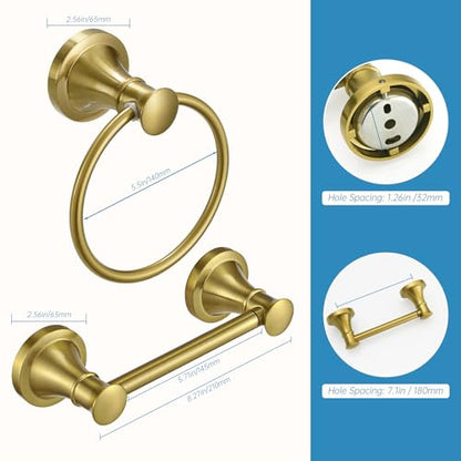 RUMOSE Pivoting Toilet Paper Holder and Hand Towel Ring, Brushed Gold | Wall Mount, Bathroom Hardware Accessories 2 PCS Set, Toilet Tissue Roll Holder & Towel Hanger, Rustproof, Stainless Steel - color: Brushed Gold