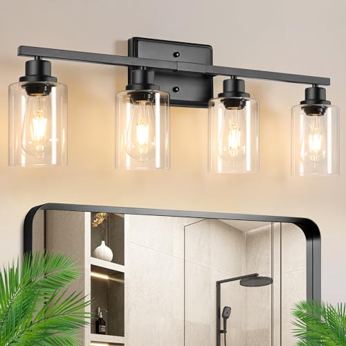 Ascher Bathroom Light Fixtures, 4-Light Vanity Lights with Clear Glass Shade, Modern Black Finish Wall Light for Mirror Bedroom Hallway Cabinet Porch - color: Black, size: 4 Light