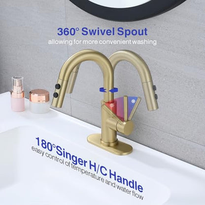 Bathroom Faucet with Sprayer, Brushed Gold Single Hole with Pop-Up Drain | Kablle Single Handle Pull Out 1 or 3 Hole Laundry Bar Basin Faucet with Deck Plate, KBL-7002BG-CL - color: Brushed Gold