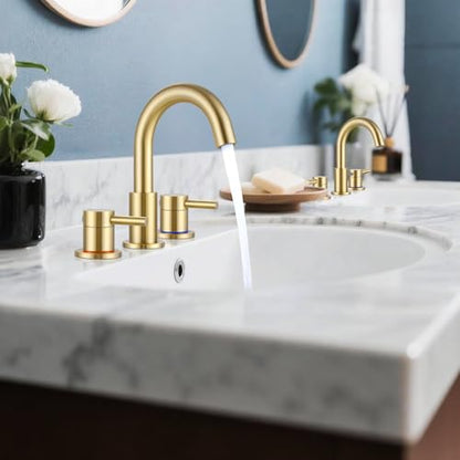 FGKQ 3-Hole 2-Handle Widespread Bathroom Sink Faucet, Brushed Gold | Stainless steel, pop-up drain included, 360°swivel spout, for vanity sink 3-hole mount, 8-in widespread - color: 1-Brushed Gold