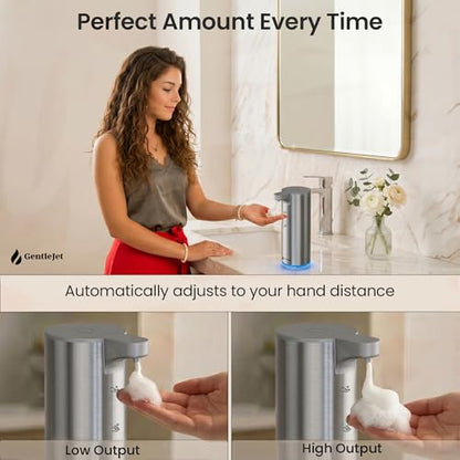 GentleJet EasyFoam Automatic Foaming Soap Dispenser, Touchless USB-C Rechargeable Sensor Pump, 304 Stainless Steel, Adjustable Foam, IPX5 Water-Resistant for Bathroom & Kitchen, 10 fl oz / 300 mL - color: Silver