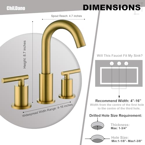 Brushed Brass Bathroom Faucet 3 Hole with Pop Up Drain with Over Flow and Supply Hose, Stainless Steel 8 in Widespread Gold Bathroom Sink Faucet, ChiLDano 2 Handle Gold Bathroom Faucet CH2183BBG - color: Brushed Brass