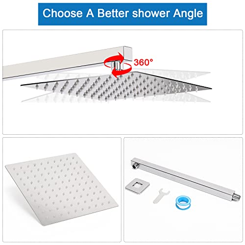 Shower Head with Extension Arm, High Pressure Square with ShowerArm, Stainless Steel Rainfall -Waterfall Full Body Coverage (10'' Shower with 16'' Arm, Chrome) - color: Chrome, size: 10'' Shower with 16'' Arm