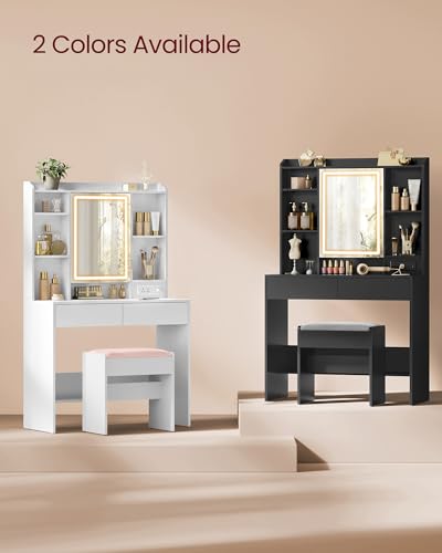 VASAGLE KAILYN Collection - Vanity Desk with Power Outlets, Makeup Vanity with Mirror and Lights, Upholstered Vanity Stool, LED Lights, 6 Compartments, 2 Drawers, for Bedroom, Cloud White URDT031W01 - style: 35.4"W 2 Drawers Vanity Set - Cloud White
