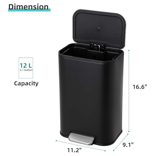 GarveeHome Bathroom Trash Can, 3.2 gal Stainless Steel Garbage Can with Lid, Rectangular Small Step Waste Bin with Foot Pedal & Removable Inner Bucket for Kitchen Bedroom Restroom (Matte Black) - color: Black, size: 12 L