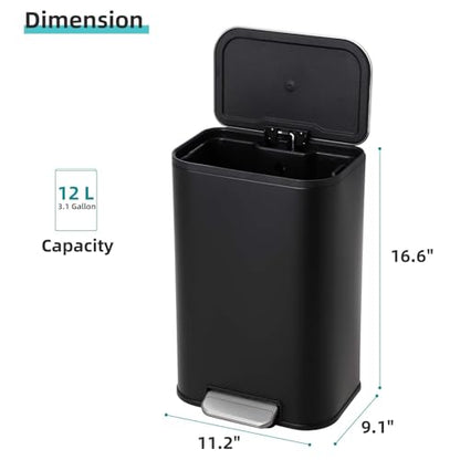 GarveeHome Bathroom Trash Can, 3.2 gal Stainless Steel Garbage Can with Lid, Rectangular Small Step Waste Bin with Foot Pedal & Removable Inner Bucket for Kitchen Bedroom Restroom (Matte Black) - color: Black, size: 12 L