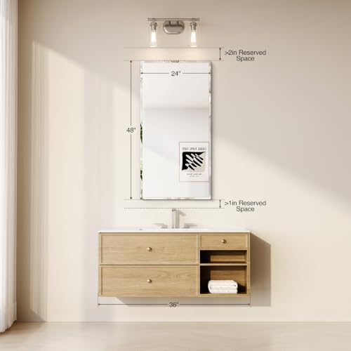 Frameless Bathroom Mirror 24"x48", Beveled Bathroom Mirror | 4mm Tempered Glass Shatterproof Wall Mount Mirrors for Entryway Vanity Bathroom Bedroom, Hangs Horizontally or Vertically - size: 48"L x 24"W