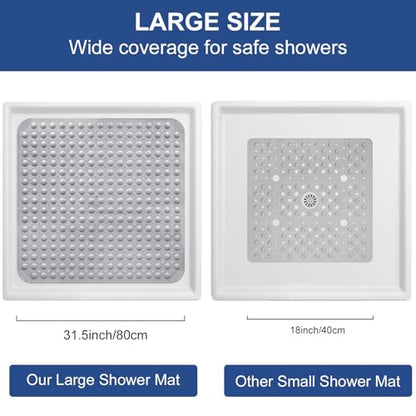 Square Shower Mat Non Slip: 32" x 32" Large Shower Mats for Inside Shower - Soft TPE Cuttable Anti Slip Shower Floor Mat with Drain Holes and Suction Cups - color: Gray