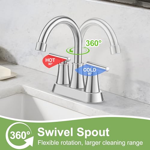 Herogo Bathroom Faucet for Sink 3 Holes Brushed Nickel, 4 Inch 2-Handle Centerset Bathroom Sink Faucet with Pop-Up Drain & Supply Hoses, 18/10 Stainless Steel, for RV Vanity Lavatory - color: Brushed Nickel, style: Cylindrical Handles