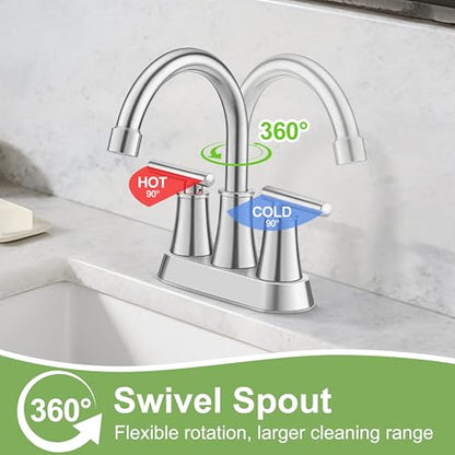 Herogo Bathroom Faucet for Sink 3 Holes Brushed Nickel, 4 Inch 2-Handle Centerset Bathroom Sink Faucet with Pop-Up Drain & Supply Hoses, 18/10 Stainless Steel, for RV Vanity Lavatory - color: Brushed Nickel, style: Cylindrical Handles