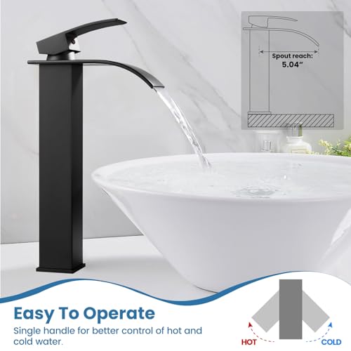 Airuida Vessel Sink Faucet, Matte Black Tall Waterfall Bathroom Faucet | Single Handle,Tall Bathroom Faucet 1 Hole,Vanity Faucet,without Drain,Bowl Bathroom Faucet - color: Matte Black