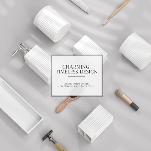 6-Piece White Bathroom Set - Modern Resin Bathroom Accessories Set with Soap Dispenser, Toothbrush Holder, Vanity Tray, Tumbler & Apothecary Jars for Small Spaces - color: White