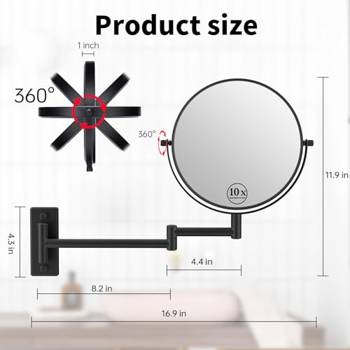 8" Wall Mounted Makeup Mirror with 1X 10X Magnification, Matte Black | Double-sided Wall Mount Magnifying Mirror with Swivel Extendable Arm for Bathroom - color: Matte Black-no Lights