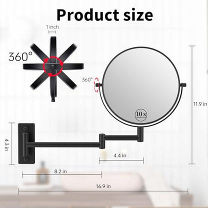 8" Wall Mounted Makeup Mirror with 1X 10X Magnification, Matte Black | Double-sided Wall Mount Magnifying Mirror with Swivel Extendable Arm for Bathroom - color: Matte Black-no Lights
