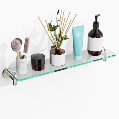 Glass Shelves for Bathroom,16-Inch Brushed Nickel Floating Bathroom Shelf Stainless Steel Tempered Glass Shelf Modern Shelves wall Mounted - color: Brushed Nickel, size: 16"without railing