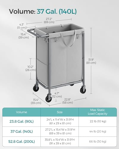 SONGMICS Laundry Basket with Wheels, Rolling Laundry Hamper, 23.8 Gallons (90 L), Removable Liner, Steel Frame with Handle, 24 x 11.4 x 31.9 Inches, Dove Gray URLS003G01 - color: Dove Gray, size: 90 L (1-Section)