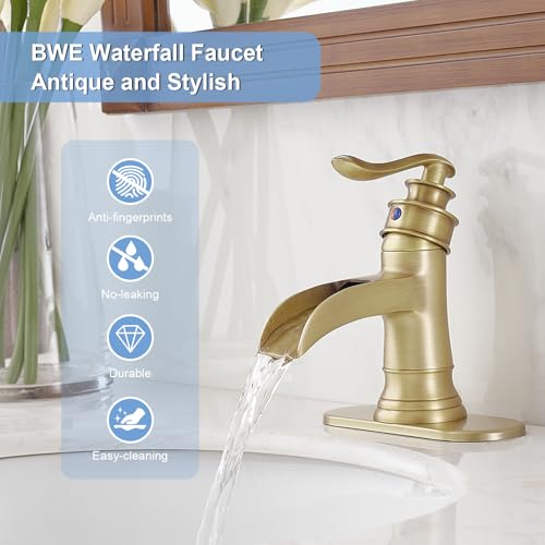 BWE Antique Brass Waterfall Bathroom Faucet, Single Hole Vanity Faucet with Pop Up Drain and Supply Hose for Rustic Home, Powder Room and Guest Bathroom, Solid Brass Construction - color: Antique Brass