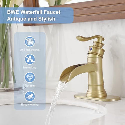 BWE Antique Brass Waterfall Bathroom Faucet, Single Hole Vanity Faucet with Pop Up Drain and Supply Hose for Rustic Home, Powder Room and Guest Bathroom, Solid Brass Construction - color: Antique Brass