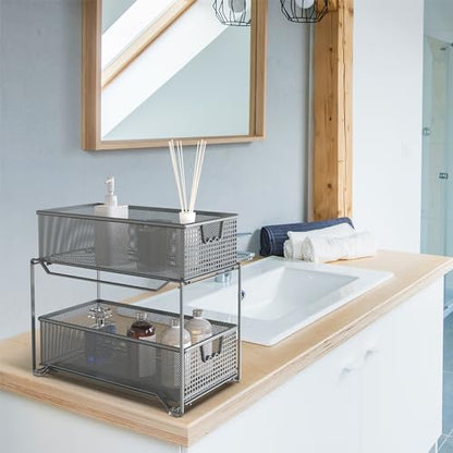 DecoBrothers 2 Tier Bathroom Storage Organizer with Pull-Out Drawer, Silver - color: Silver
