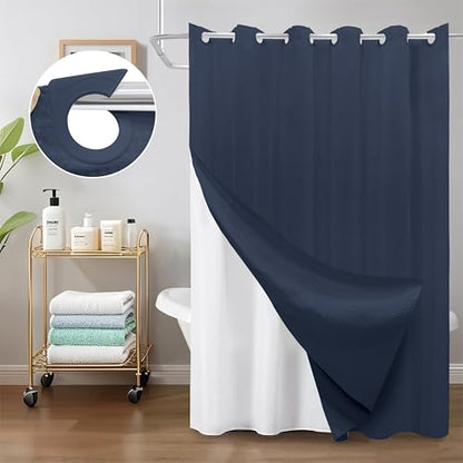 Inhousolu No Hook Shower Curtain with Removable Snap-in Liner, Waffle Weave 230 GSM Polyester, Weighted Hem, Water Repellent Washable, 72 x 72 Inch, Navy Blue - color: Navy Blue, size: 72"W x 72"L (Pack of 1)