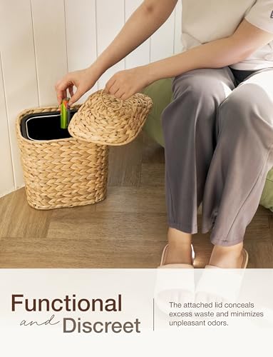 Tidita 1.5 Gallon Wicker Wastebasket with Lid, Woven from Water Hyacinth | Hyacinth Construction, Woven Design, Removable Plastic Liner Included, Removable Lid, Iron Frame, Odor Proof, Versatile Use - color: Natural, size: 1.5 Gallons