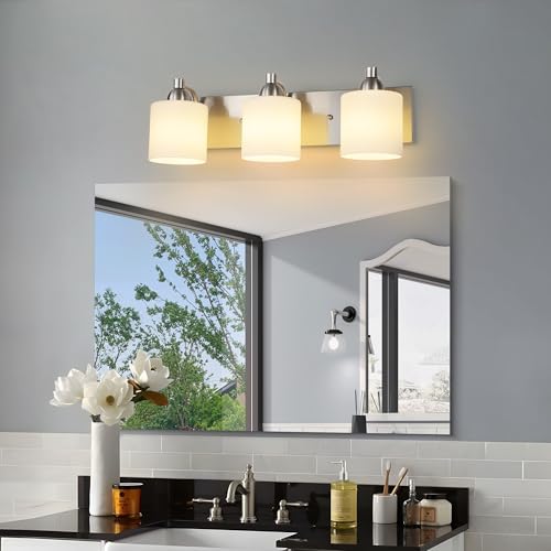 Mecgirn Stainless Steel Milk Glass Bathroom Vanity Light Over Mirror, 3 Light Brushed Nickel Bathroom Light Fixtures with Frosted Glass, Modern Vanity Lighting Wall Mount - color: Brushed Nickel, size: 3 Light