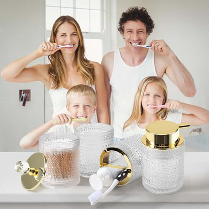 DASITON Bathroom Accessories Set,4Pcs Glass Bathroom Counter Set with Foaming Soap Dispenser,Toothbrush Holder,Bathroom Tumbler,Cotton Swab Jars, for Vanity Bathroom Decor(Clear A) - style: Clear A