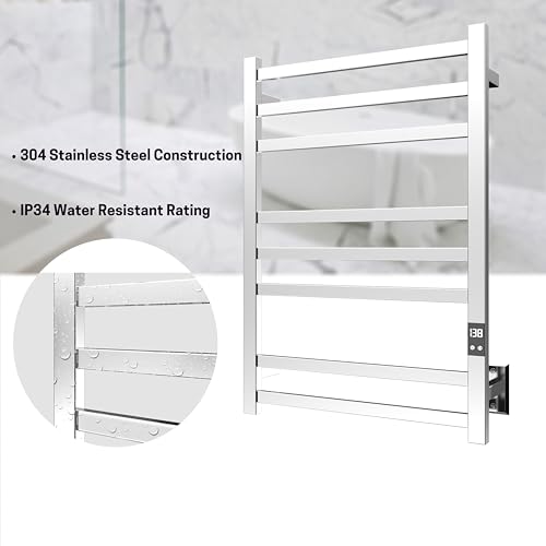 8-Bar Towel Warmer Rack, Polished Stainless Steel | Polished 304 stainless steel, LED display, 115-155°F temp control, 1-24H timer, plug-in or hardwired install - color: Polished