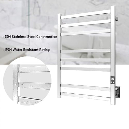 8-Bar Towel Warmer Rack, Polished Stainless Steel | Polished 304 stainless steel, LED display, 115-155°F temp control, 1-24H timer, plug-in or hardwired install - color: Polished