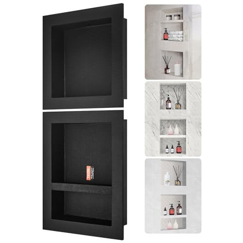 VEVOR Shower Niche Ready for Tile 16" x 16" & 16" x 20", Triple Shelf Organizer, Square Corners Wall-Inserted Niche Recessed, Sealed Protection Modern Soap Storage Niche for Shower Bathroom, Black - size: 16x16''+16x20''