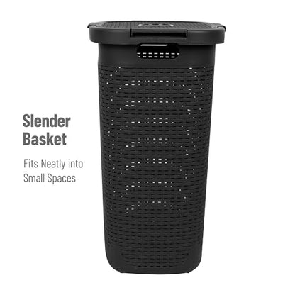 Mind Reader Slim Laundry Hamper with Lid, 60L Tall Clothes Baskets, Narrow Tapered Design for Bathrooms Closets and Laundry Rooms, Plastic, 3 Pack, Black - color: Black