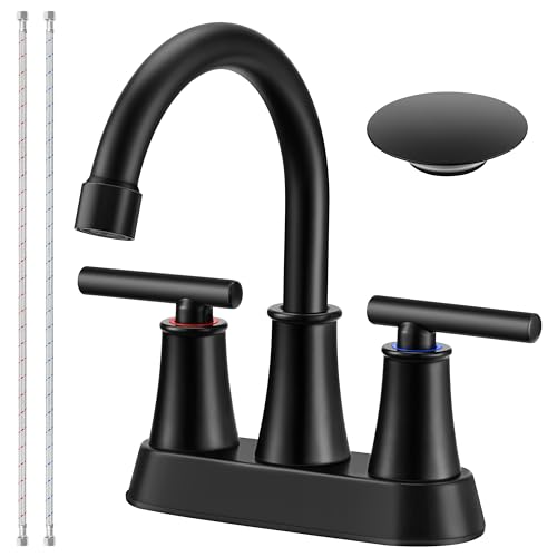 Herogo Matte Black Bathroom Sink Faucet for 3 Holes, 4 Inch Centerset Bathroom Faucet 2-Handle with Pop-Up Drain & Supply Hoses, 18/10 Stainless Steel, for RV Vanity Lavatory - color: Matte Black, style: Cylindrical Handles