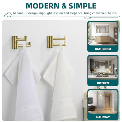 Suyar Brushed Gold Double Towel Hook, Swivel Coat Robe Holder for Bathroom | SUS304 Stainless Steel Wall Hook, Shower Bath Towel Hanger, Space-Saving Design, Wall Mounted, 2 Pack - color: Brushed Gold, size: 2 Pack