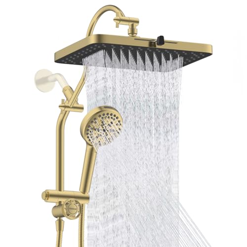 Hibbent cUPC Certified High Pressue 13'' Rainfall Shower Head with 5-Spray | Shower Heads with Handheld 10-Spray Combo, All Metal Easy Reach 4-way Diverter Arm, 71'' Hose & Holder, Brushed Gold - color: Brushed Gold, style: Square 13"