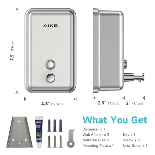 AIKE Nail-Free Glue Wall Mount Liquid Soap Dispenser, 37oz for Bathroom | No-Drill and Screw Wall Mount Design for Space-Saving,Large Capacity with Safety Key for Commercial Bathroom,Stainless Steel