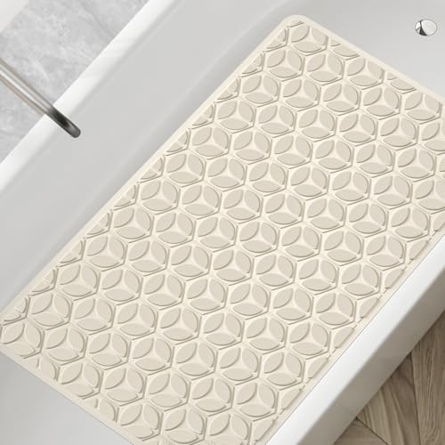 Non-Slip Rubber Bathtub Mat with Suction Cups, 16 × 28 Inch (Beige) | 100% Rubber, Leaf Texture. Vacuum Suction Cups. Soft on Touch. BPA/PVC-Free. Machine Wash. Safe For Bath, Shower, Pet Dogs. - color: Beige, size: 28" x 16" (Rectangular)