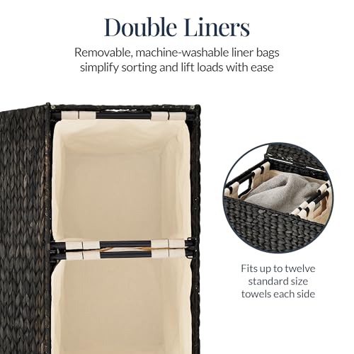 Best Choice Products Large Double Laundry Hamper with Lid, Natural Handwoven Water Hyacinth, 2 Sections w/ 2 Machine Washable Linen Liner Bags, Portable, Handles - Black - color: Black