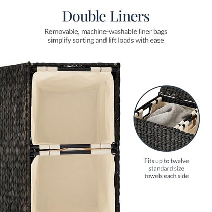 Best Choice Products Large Double Laundry Hamper with Lid, Natural Handwoven Water Hyacinth, 2 Sections w/ 2 Machine Washable Linen Liner Bags, Portable, Handles - Black - color: Black