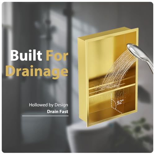 Qeke 12" x 18" Stainless Steel Shower Niche w/Double Shelves, Brushed Golden - color: Brushed Golden, size: 12X18"