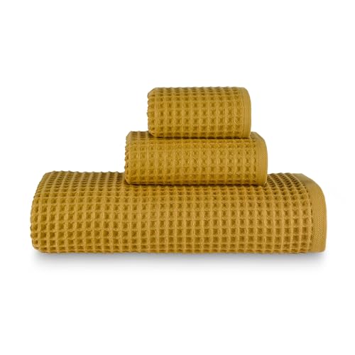 Waffle Bath Sheet Set, 100% Turkish Cotton, Includes 1 Bath Sheet, 1 Hand Towel, 2 Face Towels - color: Mustard, size: Bath Sheet Set (4 Pieces)