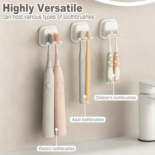 2PCS Wall Mounted Toothbrush Holder, Adhesive 2-Slot Toothbrush Organizer with Cup Hook No-Drill Bathroom Organizer for Toothbrushes, Mouthwash Cup - Self-Sticky Seamless Storage Rack (White)