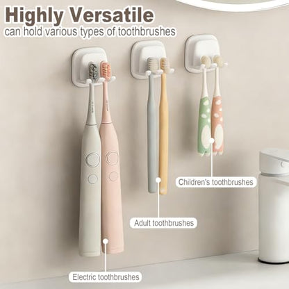 2PCS Wall Mounted Toothbrush Holder, Adhesive 2-Slot Toothbrush Organizer with Cup Hook No-Drill Bathroom Organizer for Toothbrushes, Mouthwash Cup - Self-Sticky Seamless Storage Rack (White)