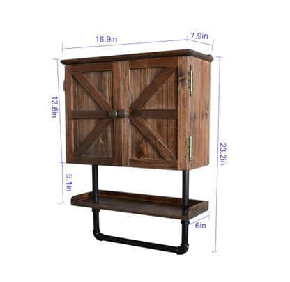 23.1x16.9'' Bathroom Wall Cabinet with Adjustable wall Shelf and Towel Bar, Double Doors Medicine Cabinet Wall Mounted with Hanging Bar, Light Solid Wood Storage Kitchen (Brown) - color: Brown