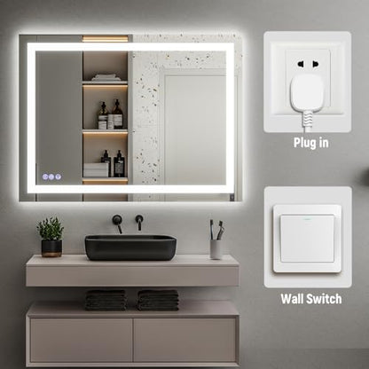 GLSLAND LED Bathroom Mirror - 26"x40" Anti-Fog Lighted Wall Mirrors with Memory Function, Dimmable, Frontlit & Backlit, Horizontally/Vertically, Tempered Glass - size: 40"L x 26"W